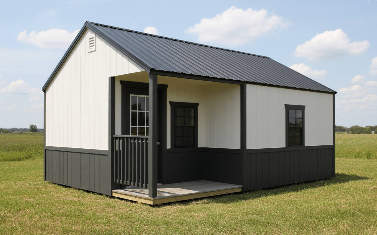 Finished shed — white and black two-tone design