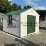 10’x12′ White Utility Shed with Hunter Green
