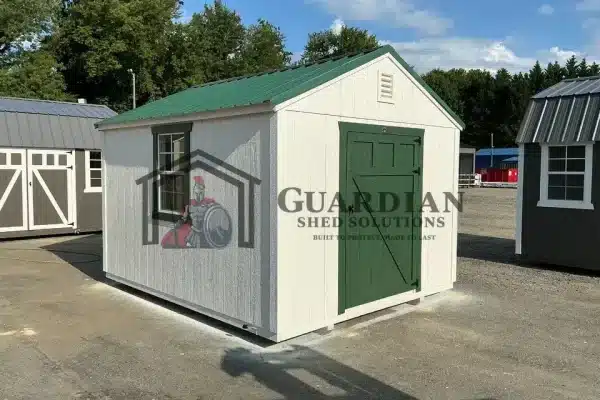 10’x12′ White Utility Shed with Hunter Green