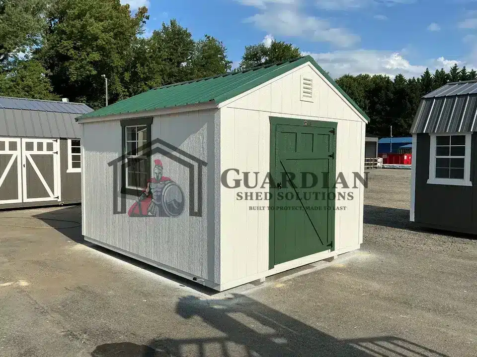 10’x12′ White Utility Shed with Hunter Green